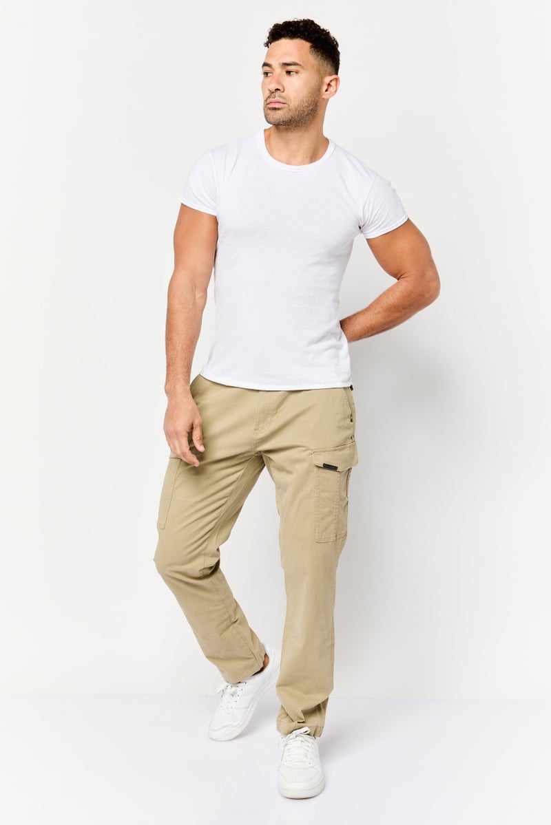 833 POLICE Men Slim Fit Plain Cargo Pants, Beige - Image 4