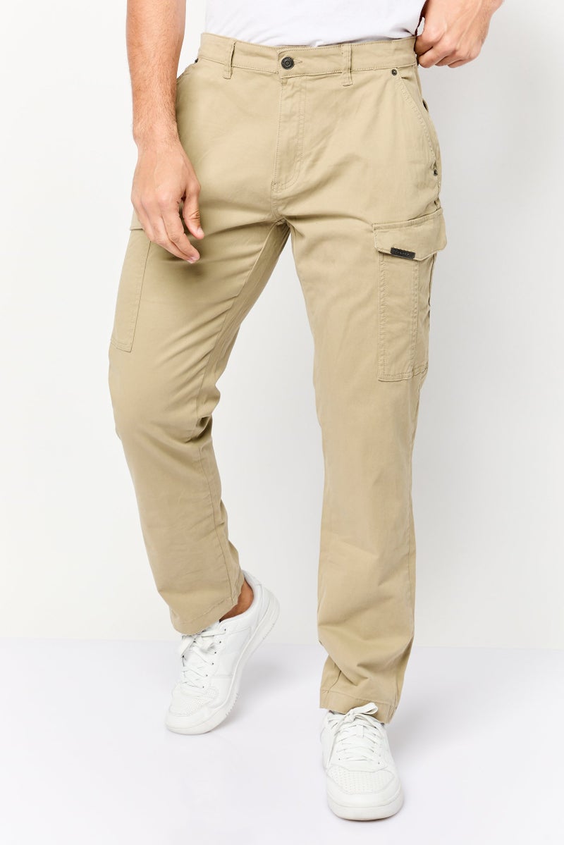 833 POLICE Men Slim Fit Plain Cargo Pants, Beige - Image 1