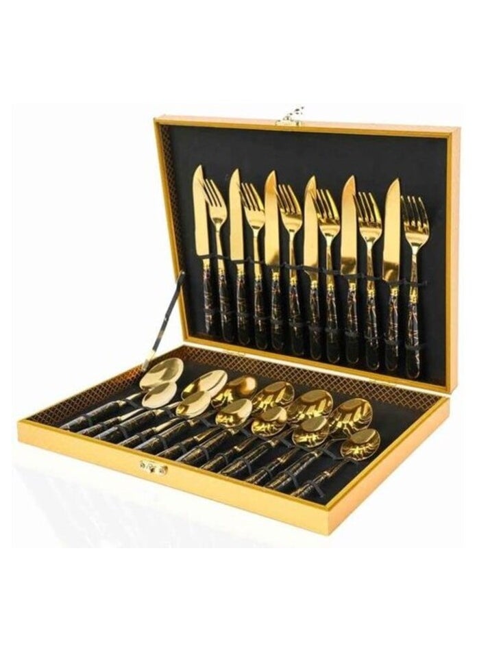 AtrauX AtrauX Portable Utensils, Travel Camping Cutlery Set, Portable Case, Stainless Steel Flatware set,Gold top Black handle(24 Pieces)  - Image 1