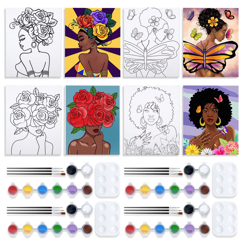 VOCHIC Sip and Paint Kits Pre Drawn Canvas Couples Painting Party Kit with Outline Canvas for Adults Date Night Games for Couple Flower Butterfly Girl Paint Art Set, 4 Pack (8 x 10In) - Image 1