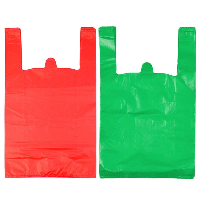 T SHIRT BAGS PLASTIC GROCERY BAGS WITH HANDLES IN BULK FOR SHOPPING AND RESTAURANT BOLSAS DE PLASTICO PARA NEGOCIO 12 X 20 INCHES RED 50 PCS GREEN 50 PCS