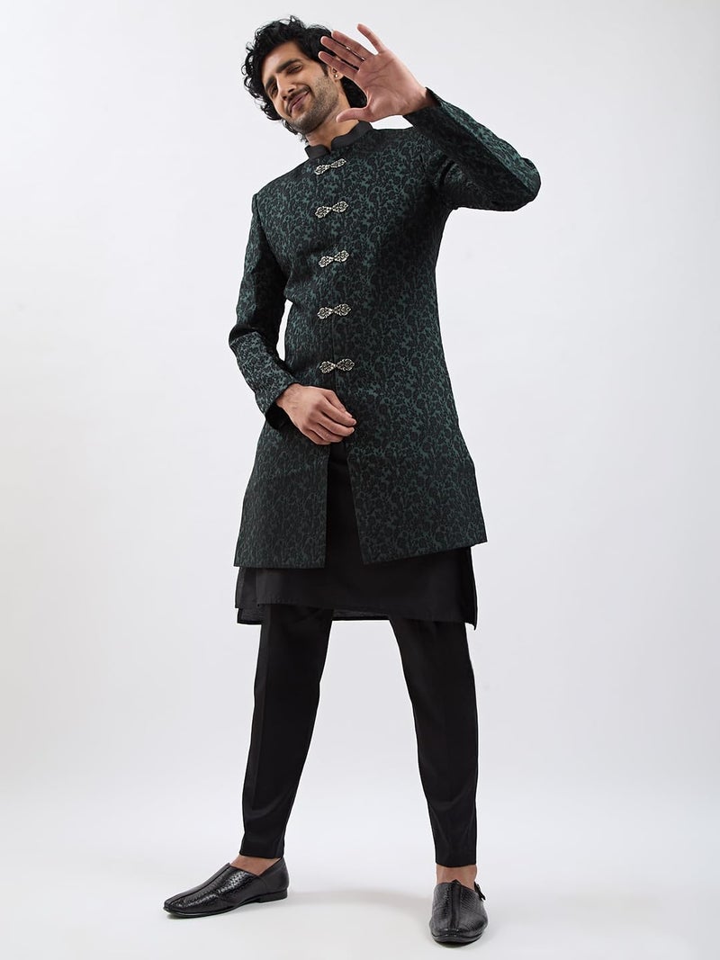 VASTRAMAY Men's Green Silk Blend Sherwani Only Top - Silk Blend Jacquard Indo Western for Men - Image 5