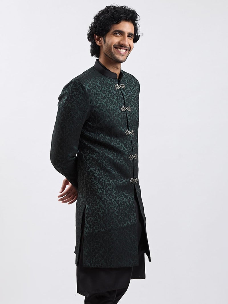 VASTRAMAY Men's Green Silk Blend Sherwani Only Top - Silk Blend Jacquard Indo Western for Men - Image 2