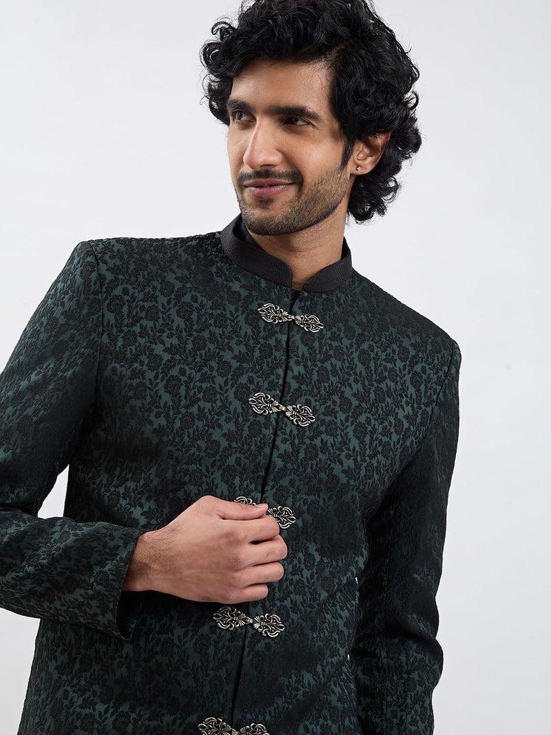 VASTRAMAY Men's Green Silk Blend Sherwani Only Top - Silk Blend Jacquard Indo Western for Men - Image 3