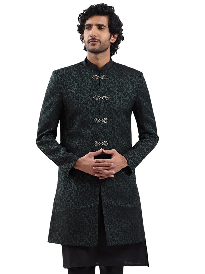 VASTRAMAY Men's Green Silk Blend Sherwani Only Top - Silk Blend Jacquard Indo Western for Men - Image 1
