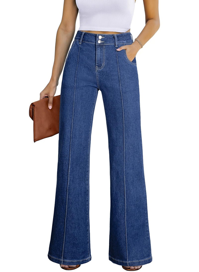 Sidefeel Womens Wide Leg Jeans Casual Baggy High Waisted Stretch Denim Pants Size 4 Blue - Image 1