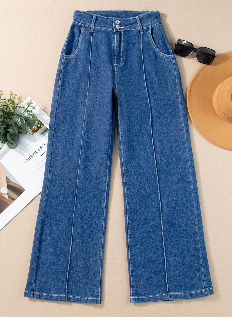 Sidefeel Womens Wide Leg Jeans Casual Baggy High Waisted Stretch Denim Pants Size 4 Blue - Image 5