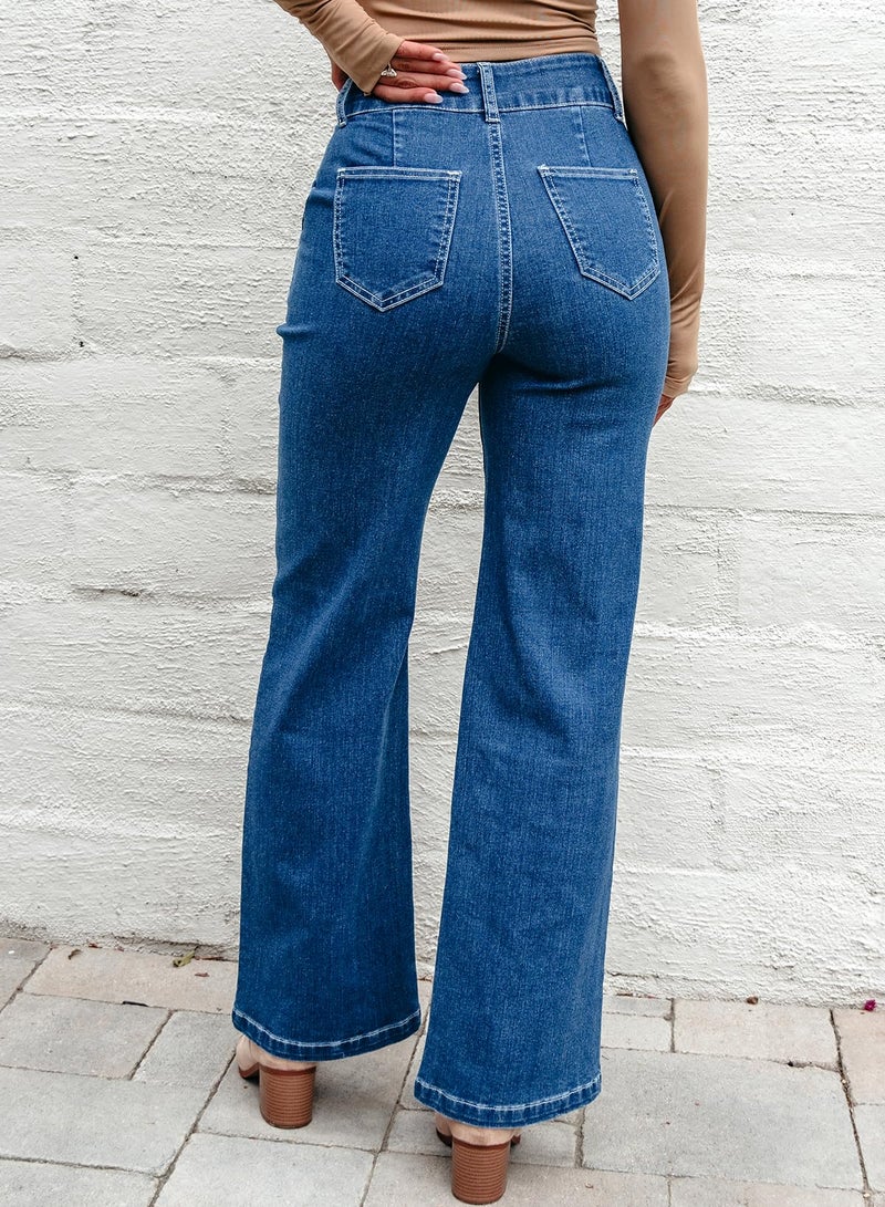 Sidefeel Womens Wide Leg Jeans Casual Baggy High Waisted Stretch Denim Pants Size 4 Blue - Image 2