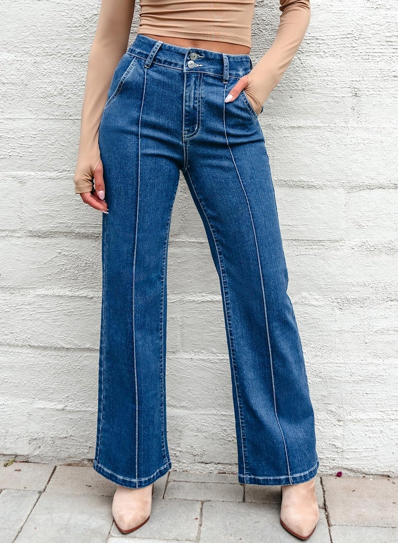 Sidefeel Womens Wide Leg Jeans Casual Baggy High Waisted Stretch Denim Pants Size 4 Blue - Image 4