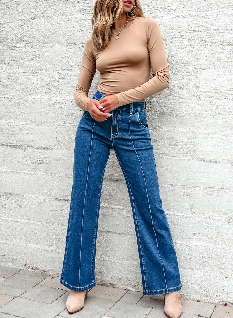 Sidefeel Womens Wide Leg Jeans Casual Baggy High Waisted Stretch Denim Pants Size 4 Blue - Image 3