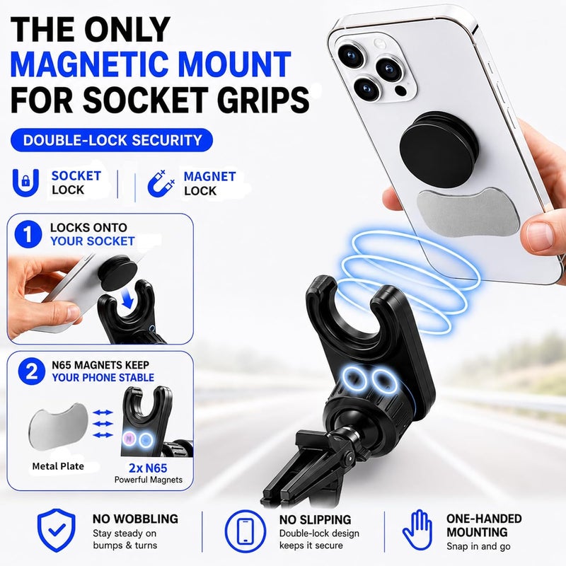 MCCHJoy 2X-Hold Magnetic Car Mount for PopSockets, Easy to Install Air Vent Mount, Adjustable and Secure, Fits All Phones All Socket Grips, Upgraded Vent Clip - Image 2