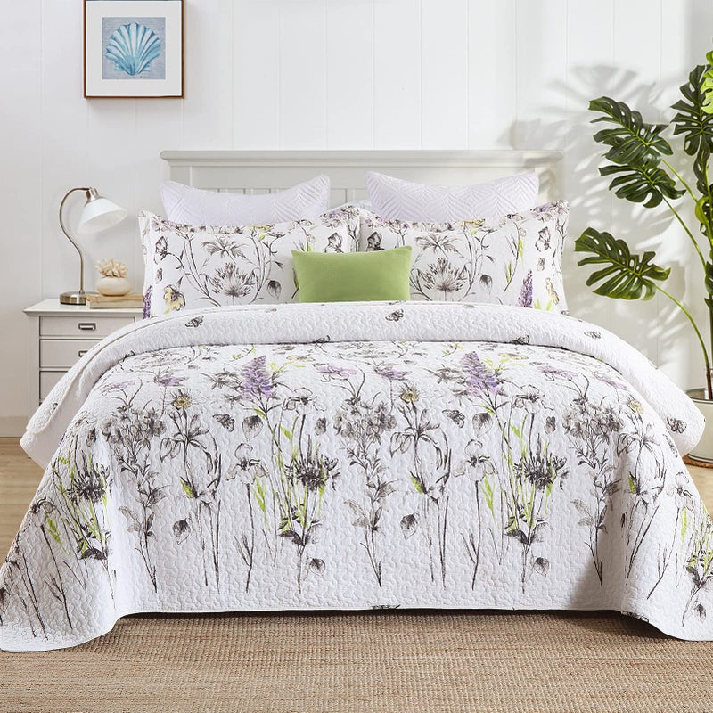 Y-PLWOMEN YPLWOMEN King Quilt Floral Bedspread 100 Cotton King Size Quilt White Purple Floral Quilt Sets King Lightweight Soft Quilt Bedding Set for All Season 3Pieces