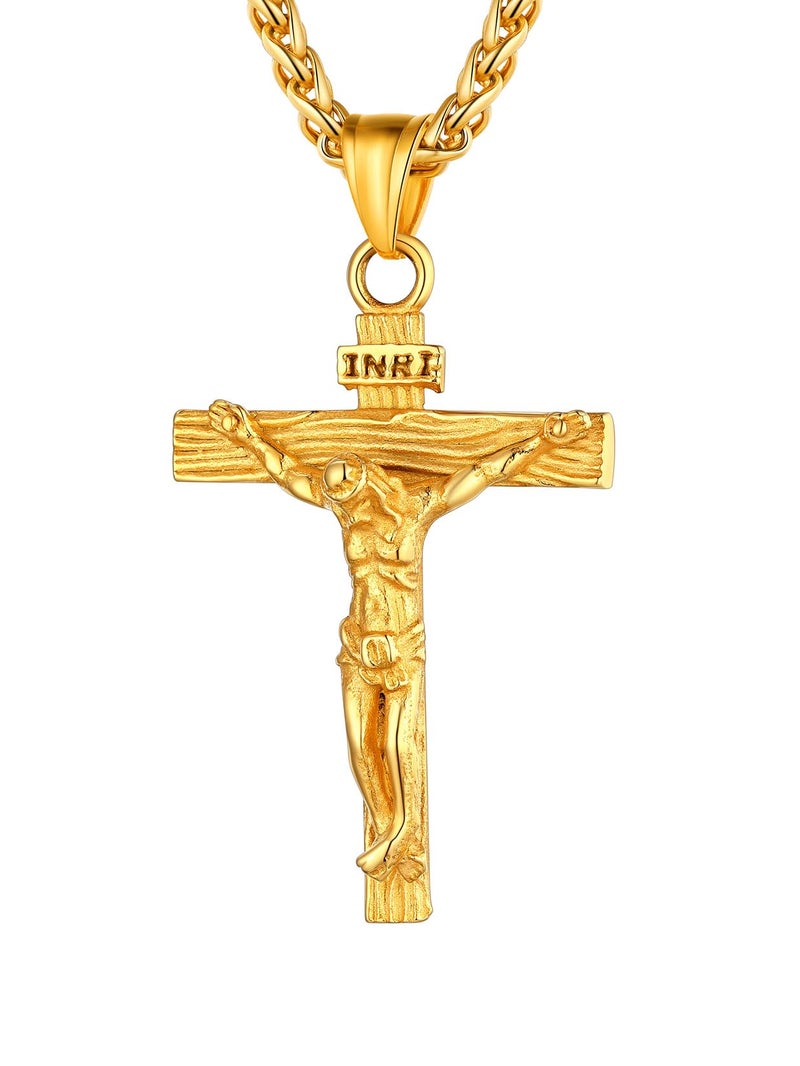 U7 Men 18K Gold Plated Crucifix Cross Pendant 3mm Wide Rope Chain 24 Inch Religious Necklace - Image 1