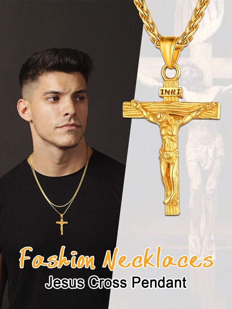 U7 Men 18K Gold Plated Crucifix Cross Pendant 3mm Wide Rope Chain 24 Inch Religious Necklace - Image 4