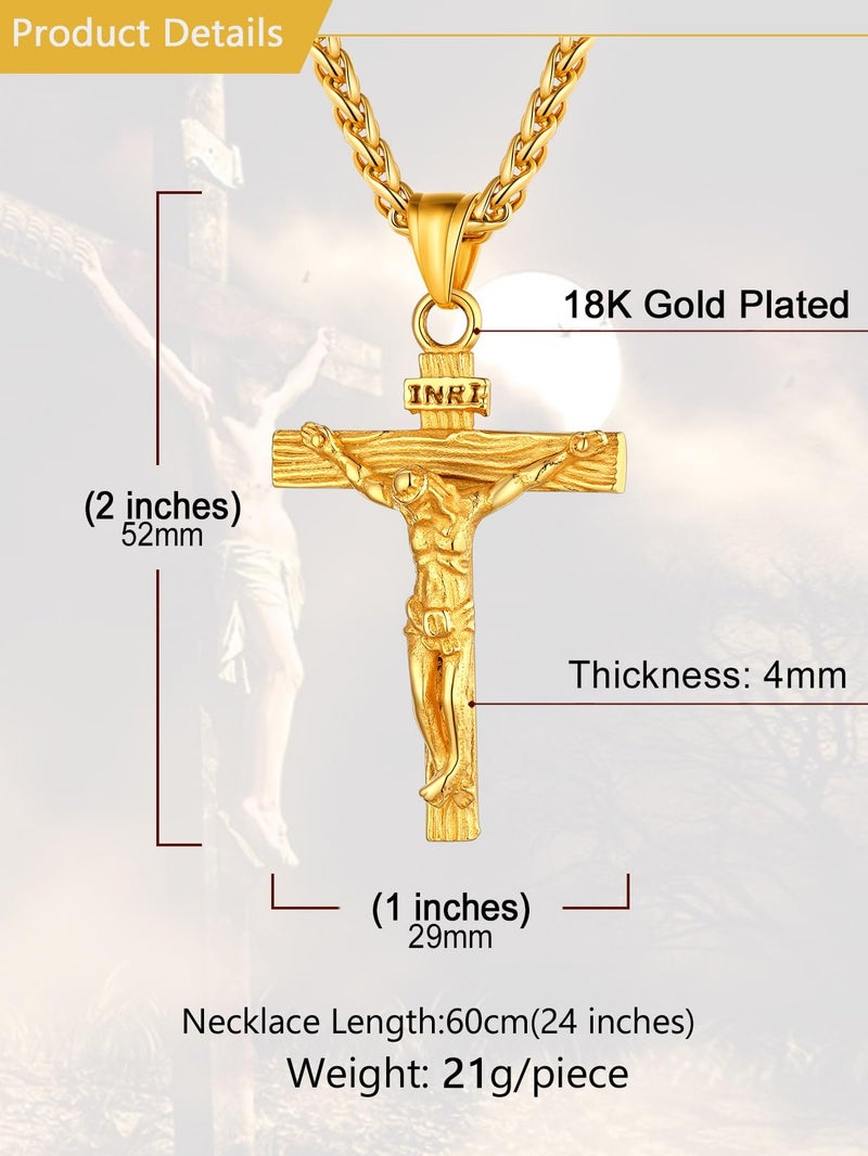 U7 Men 18K Gold Plated Crucifix Cross Pendant 3mm Wide Rope Chain 24 Inch Religious Necklace - Image 5