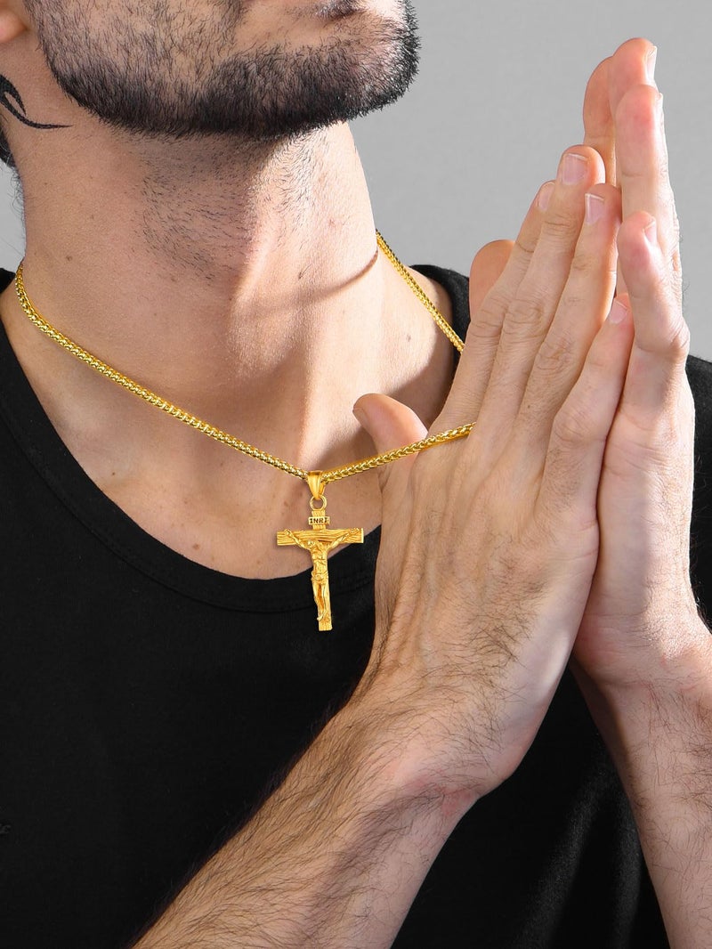 U7 Men 18K Gold Plated Crucifix Cross Pendant 3mm Wide Rope Chain 24 Inch Religious Necklace - Image 2