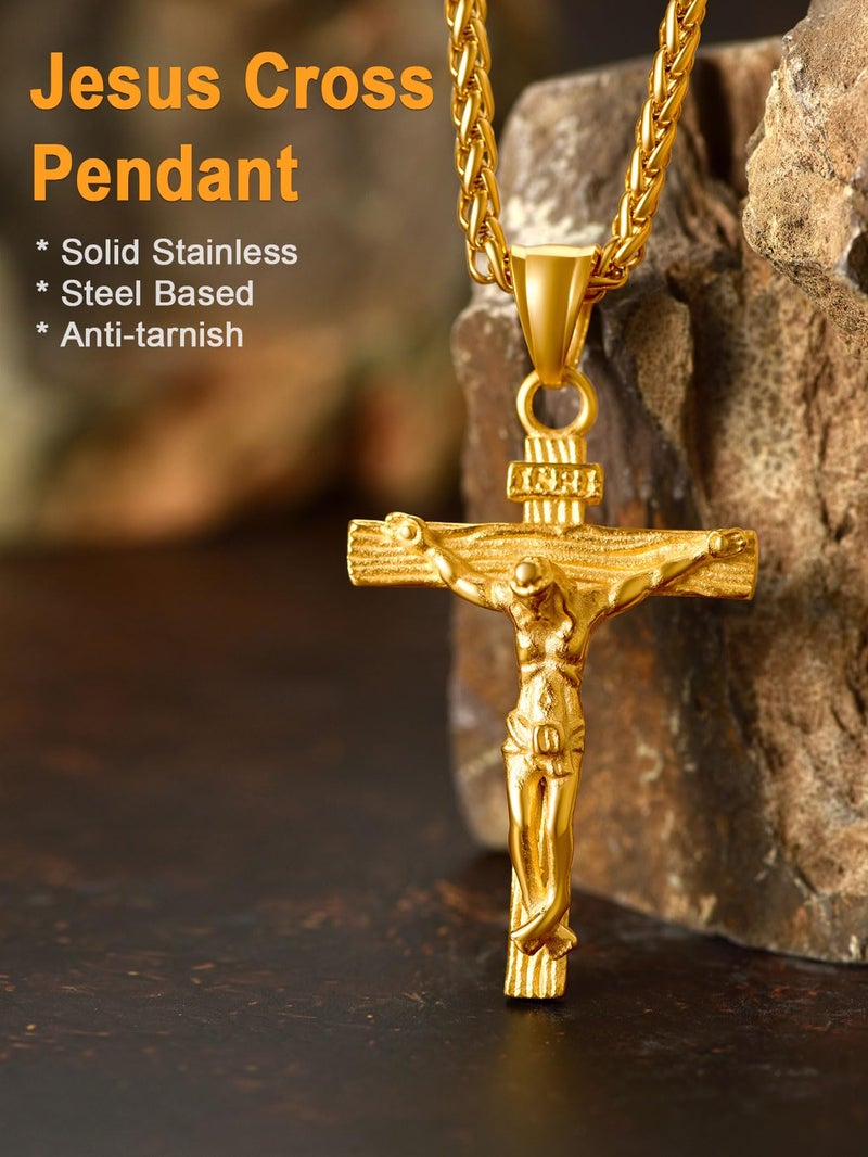 U7 Men 18K Gold Plated Crucifix Cross Pendant 3mm Wide Rope Chain 24 Inch Religious Necklace - Image 3