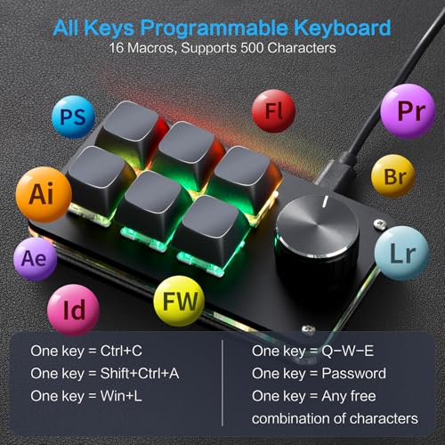 Koolertron Macro Programmable Keypad, One Handed Programmable Mechanical Keyboard, RGB Blue Switch Hot Swappable, 6 Keys 1 Knob Backlit Keypad for Working and Gaming, Black - Image 2