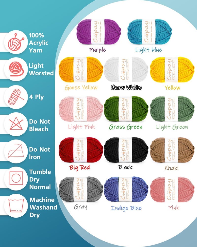 Coopay Crochet  Knitting Yarn 25g x 14 Multicolor Acrylic Yarn 1071yd 4ply Soft BeginnerProfessional Kit - Image 5