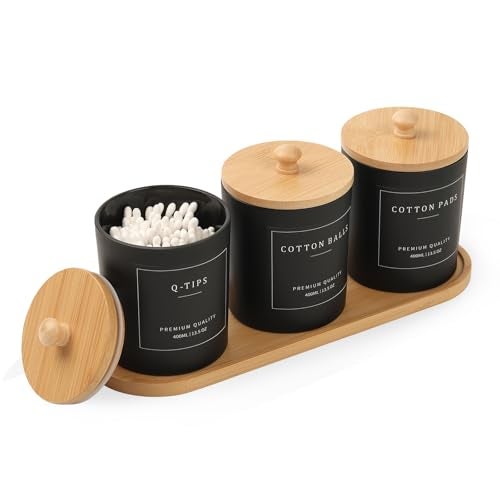 eggs sound 3 Pack Qtip Holder - Bathroom Organizers and Storage, Cotton Round Pad Dispenser Floss Pick Holder with Tray, Glass Apothecary Jars with Lids, Cotton Ball Container - Black - Image 1