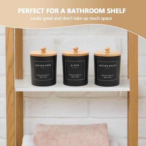 eggs sound 3 Pack Qtip Holder - Bathroom Organizers and Storage, Cotton Round Pad Dispenser Floss Pick Holder with Tray, Glass Apothecary Jars with Lids, Cotton Ball Container - Black - Image 3