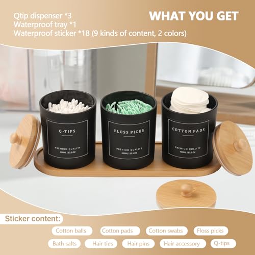 eggs sound 3 Pack Qtip Holder - Bathroom Organizers and Storage, Cotton Round Pad Dispenser Floss Pick Holder with Tray, Glass Apothecary Jars with Lids, Cotton Ball Container - Black - Image 2