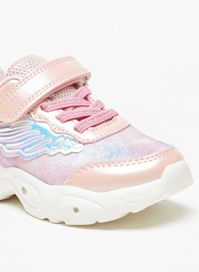 جونيورز Girls Glitter Textured Ligh-Up Sneakers With Hook And Loop Closure