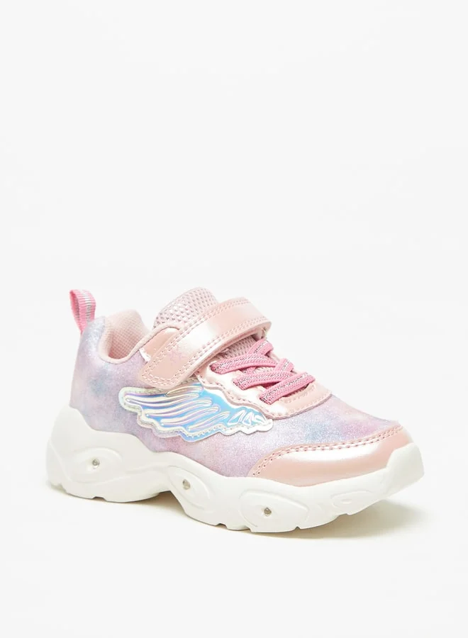 جونيورز Girls Glitter Textured Ligh-Up Sneakers With Hook And Loop Closure