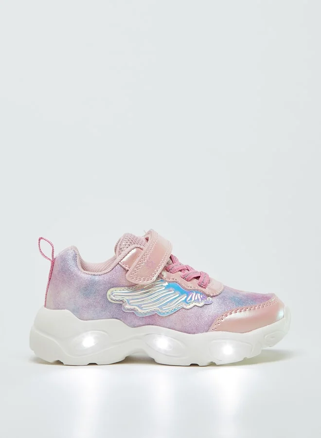 جونيورز Girls Glitter Textured Ligh-Up Sneakers With Hook And Loop Closure