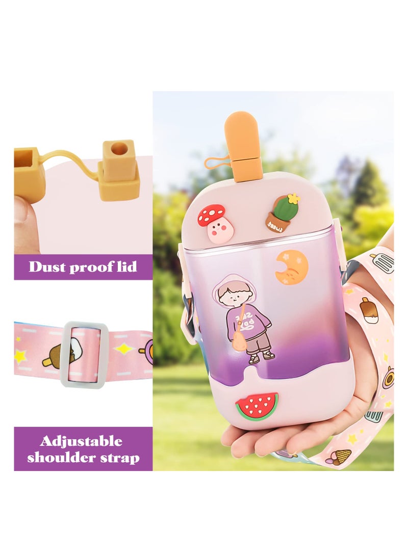 SYOSI Ice Cream Popsicle Cups, Juice Drinking Cups Lovely 3D Sticker Ice Cream Bar Water Bottles with BPA-Free Straws Adjustable Shoulder Strap for Boys Girls Adult Sports Bottles - Image 3