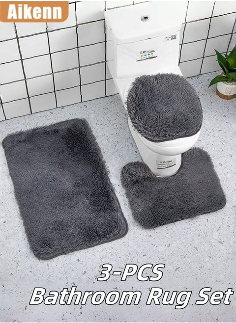 3-Piece Bath Mat Set With Rubber Backing Includes Non-Slip Bath Mat, Contour Mat, And Toilet Lid Cover, Plush Contour Bath Mat U-Shaped Toilet Mat Soft Absorbent Mat