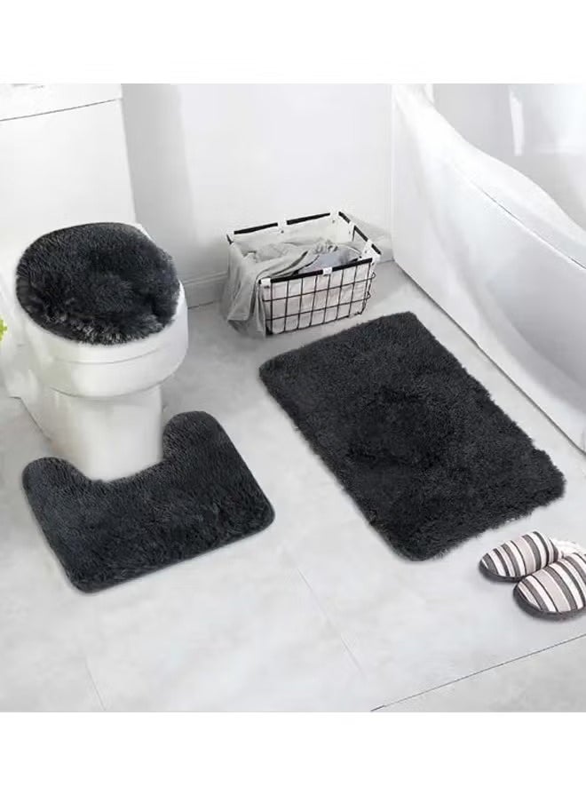 3-Piece Bath Mat Set With Rubber Backing Includes Non-Slip Bath Mat, Contour Mat, And Toilet Lid Cover, Plush Contour Bath Mat U-Shaped Toilet Mat Soft Absorbent Mat