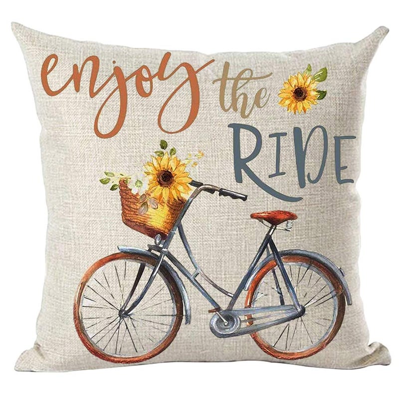 Ramirar Ink Oil Painting Watercolor Blue Bicycle Bike Yellow Sunflowers Enjoy The Ride Decorative Throw Pillow Cover Case Home Living Room Bed Sofa Car Cotton Linen Square 18 x 18 Inches