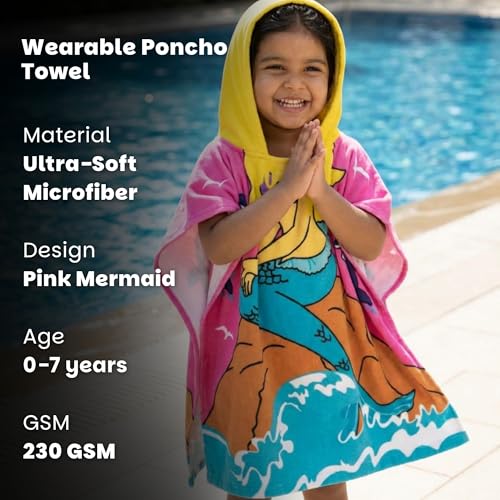 Famyo® Poncho Hooded Towel for Kids 1–7 Years | Quick Dry Kids Towel | Soft Lightweight Baby Wrap for Beach | 60 X 60Cm Toddler Pool Towel for Boys & Girls | Micro-Fiber Bath Towels | Pink Mermaid - Image 5