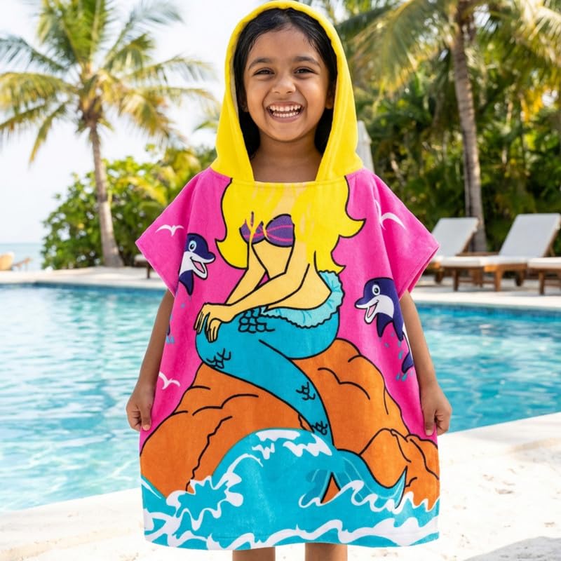 Famyo® Poncho Hooded Towel for Kids 1–7 Years | Quick Dry Kids Towel | Soft Lightweight Baby Wrap for Beach | 60 X 60Cm Toddler Pool Towel for Boys & Girls | Micro-Fiber Bath Towels | Pink Mermaid - Image 1