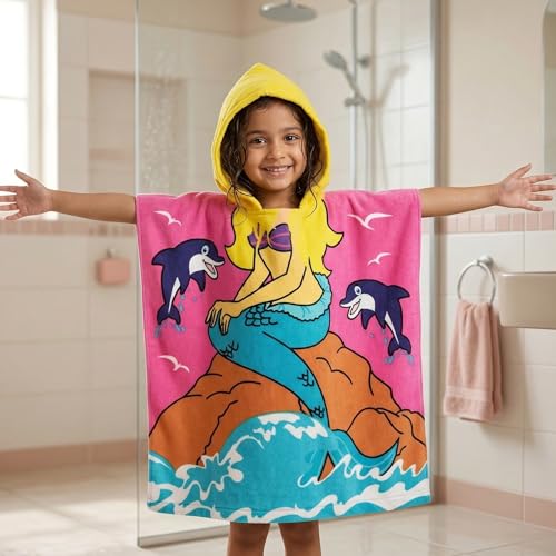 Famyo® Poncho Hooded Towel for Kids 1–7 Years | Quick Dry Kids Towel | Soft Lightweight Baby Wrap for Beach | 60 X 60Cm Toddler Pool Towel for Boys & Girls | Micro-Fiber Bath Towels | Pink Mermaid - Image 2