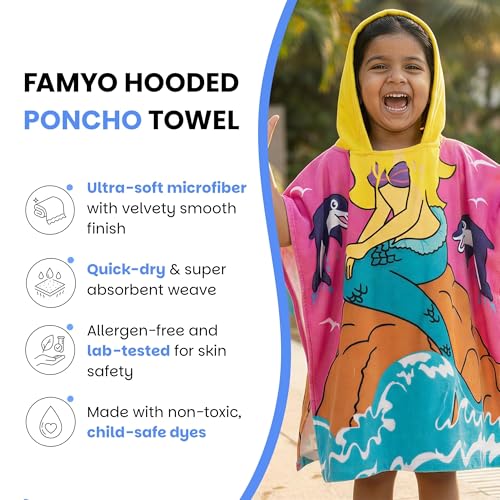 Famyo® Poncho Hooded Towel for Kids 1–7 Years | Quick Dry Kids Towel | Soft Lightweight Baby Wrap for Beach | 60 X 60Cm Toddler Pool Towel for Boys & Girls | Micro-Fiber Bath Towels | Pink Mermaid - Image 3