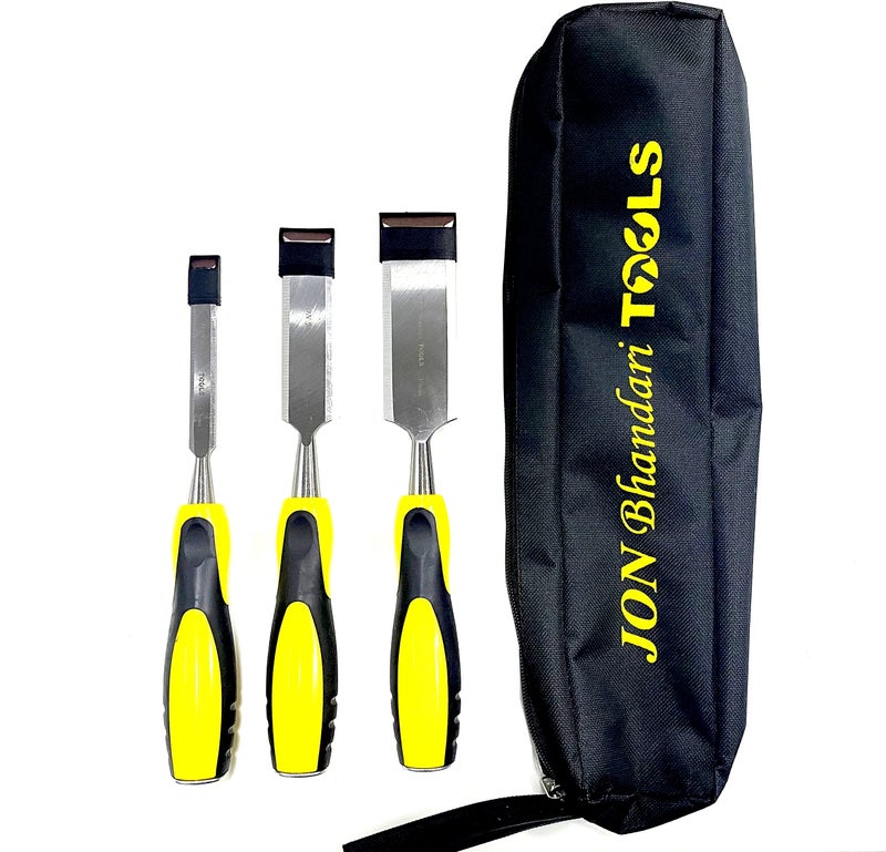 Jon Bhandari Tools Wood Chisel Set – 3-Piece Bevel Edge Chisels (13mm, 25mm, 38mm) – Hardened Steel Blades, Soft Grip Handles & Storage Bag – Woodworking, Carving, Shaping Hand Tools - Image 1