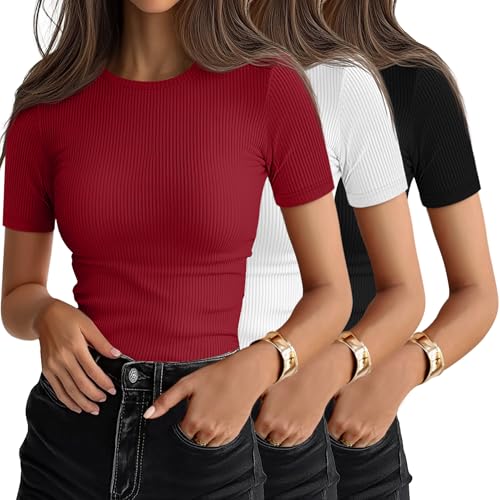 Ficerd 3 Pack Women's Ribbed T-Shirts, Cotton Short Sleeve Basic Tees Crew Neck Fitted Tops Summer Casual Shirts 2025 Trendy(Black, White, Red,Small) - Image 1
