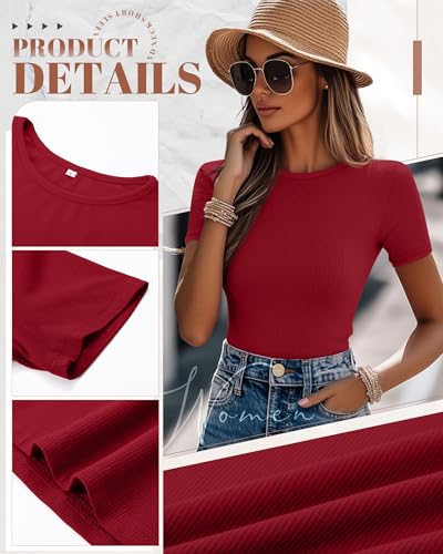 Ficerd 3 Pack Women's Ribbed T-Shirts, Cotton Short Sleeve Basic Tees Crew Neck Fitted Tops Summer Casual Shirts 2025 Trendy(Black, White, Red,Small) - Image 5