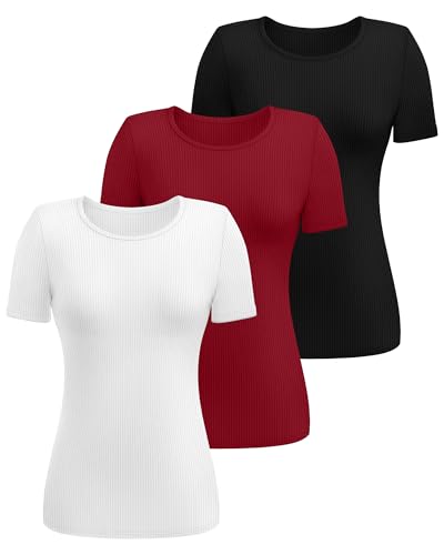 Ficerd 3 Pack Women's Ribbed T-Shirts, Cotton Short Sleeve Basic Tees Crew Neck Fitted Tops Summer Casual Shirts 2025 Trendy(Black, White, Red,Small) - Image 2