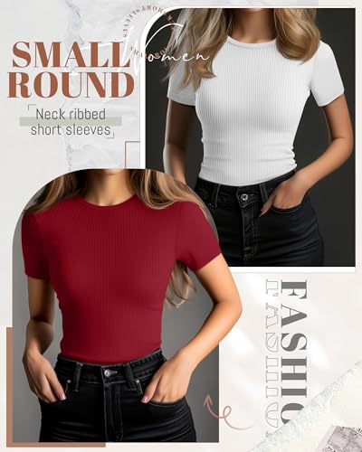 Ficerd 3 Pack Women's Ribbed T-Shirts, Cotton Short Sleeve Basic Tees Crew Neck Fitted Tops Summer Casual Shirts 2025 Trendy(Black, White, Red,Small) - Image 3