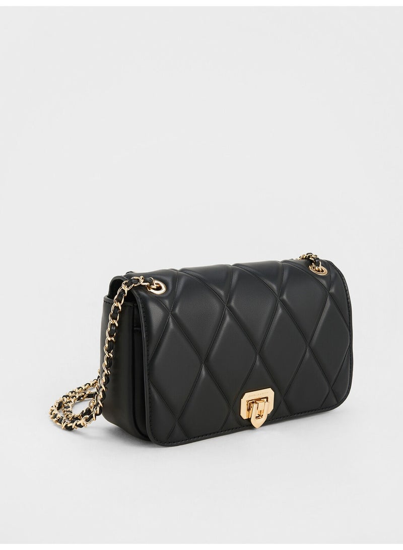 تشارلز & كيث حقيبة كتف وحقيبة كروس بودي أروين من تشارلز آند كيث، مزينة بتطريز ماسي وحزام مضفر - أسود - Image 3