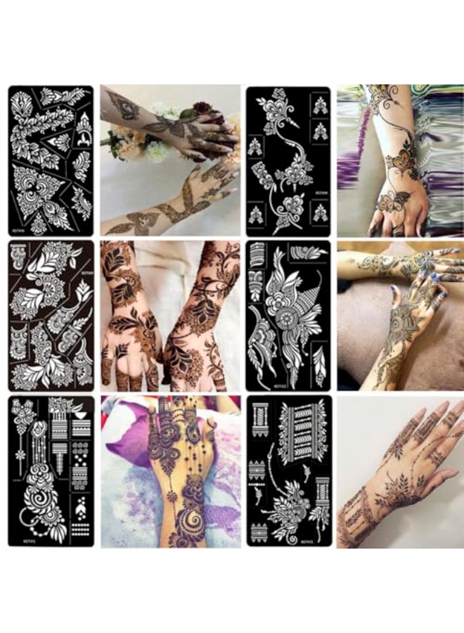 PPVWEY 12 Sheet Henna Tattoo Stencils kit Temporary Tattoos Templates Hand Forearm Indian Airbrush Tattoo Stickers for Women Girls Black - Image 3
