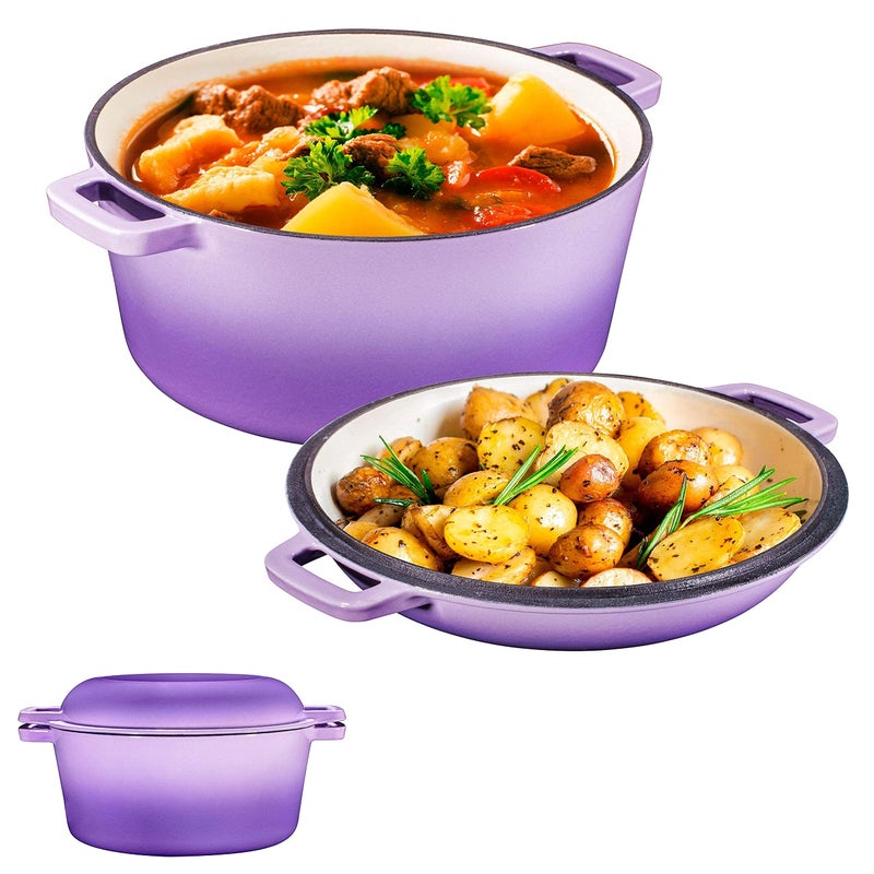 Bruntmor Bruntmor 2in1 Enamel Cast Iron Dutch Oven with Handles  Crock Pot Purple Cast Iron Pot with Skillet lid  AllinOne Cookware Braising Pan for Casserole Dish  5 Quart Purple