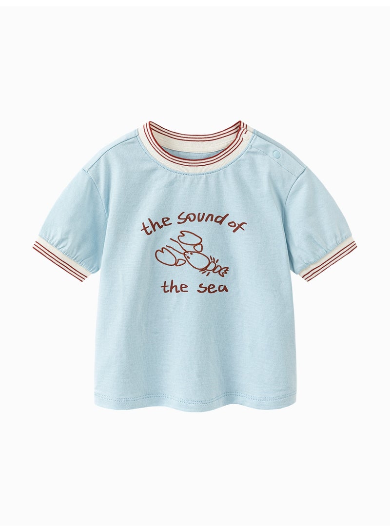 mini bala Boys Kids Casual Crew Neck Contrast Trim Short Sleeve Lobster Cartoon Embroidered T-shirt Soft Breathable Lightweight Comfortable Summer New Style Trendy Daily Wear Children's Fashion T-shirt - Image 4
