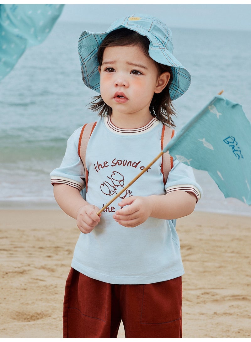 mini bala Boys Kids Casual Crew Neck Contrast Trim Short Sleeve Lobster Cartoon Embroidered T-shirt Soft Breathable Lightweight Comfortable Summer New Style Trendy Daily Wear Children's Fashion T-shirt - Image 2