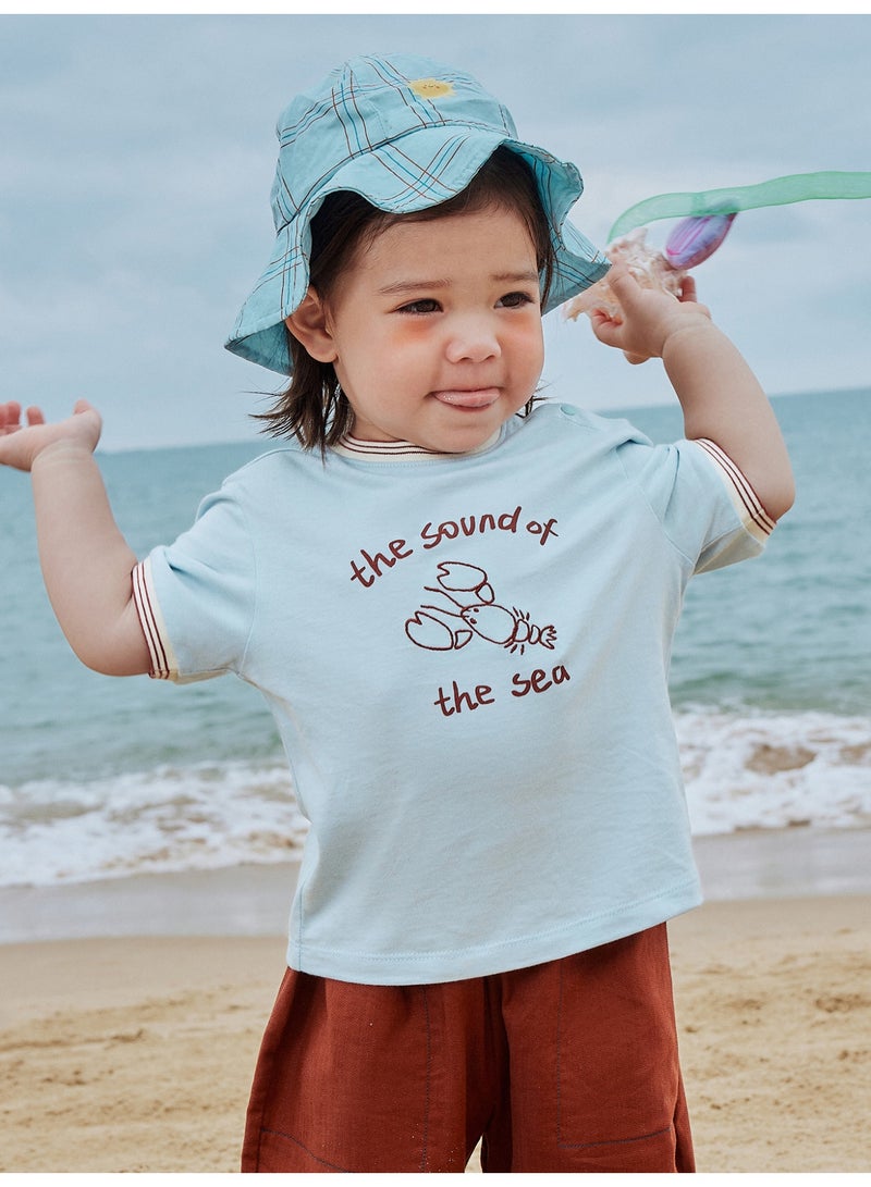 mini bala Boys Kids Casual Crew Neck Contrast Trim Short Sleeve Lobster Cartoon Embroidered T-shirt Soft Breathable Lightweight Comfortable Summer New Style Trendy Daily Wear Children's Fashion T-shirt - Image 1