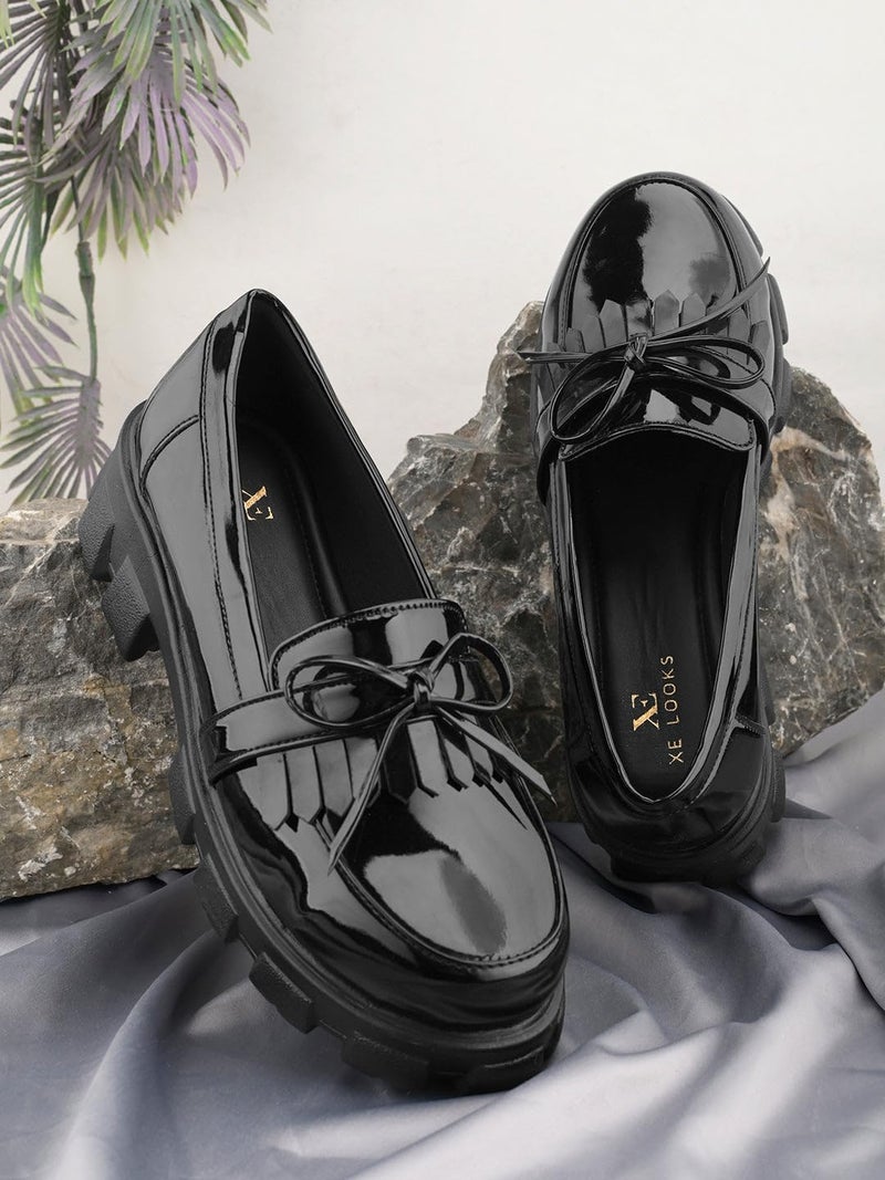 XE Looks Chic Patent Leather Loafers with Bow Detail and Chunky Black Sole for Girls & Women - Image 2