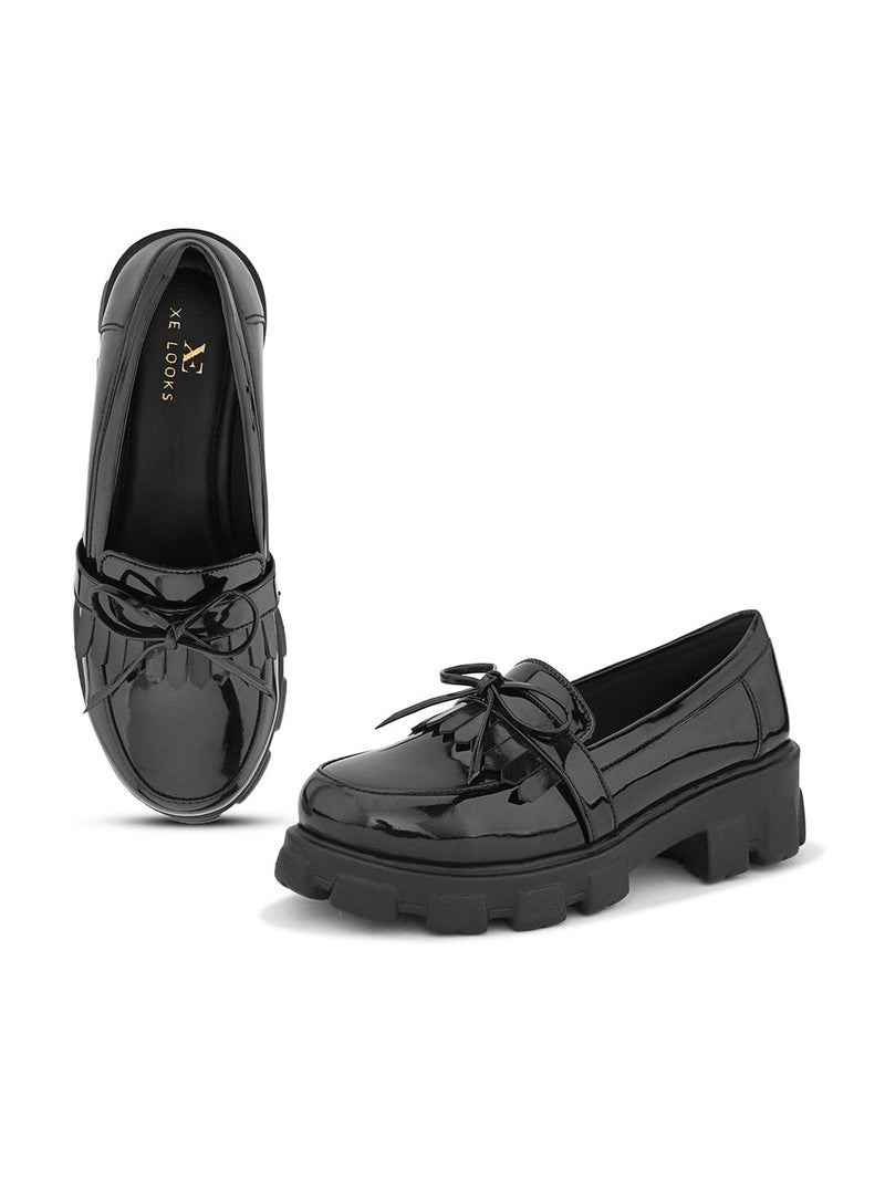 XE Looks Chic Patent Leather Loafers with Bow Detail and Chunky Black Sole for Girls & Women - Image 1